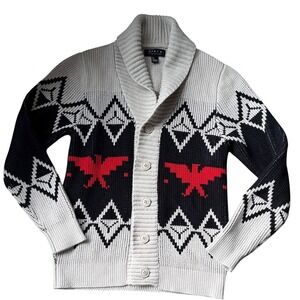 21‎ Men Shawl Collar Cardigan Sweater Geometric Eagle Southwestern Cream Black L